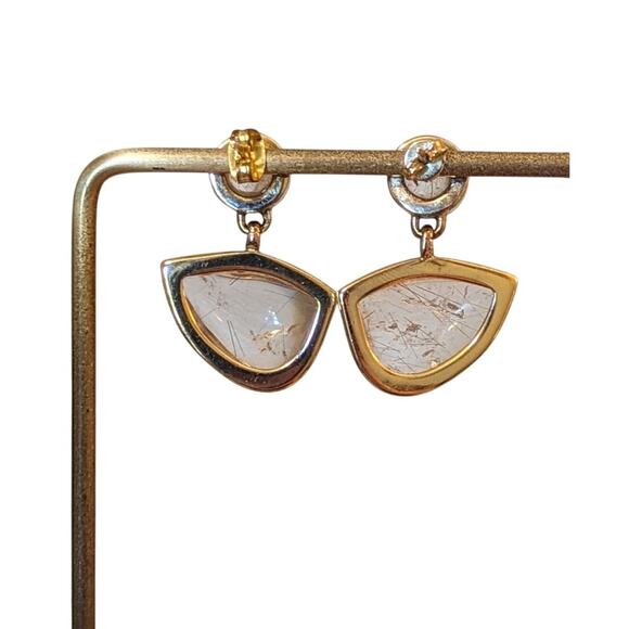 Gold-Plated Rutilated Quartz Geometric Dangle Post Earrings - Picture 4 of 8